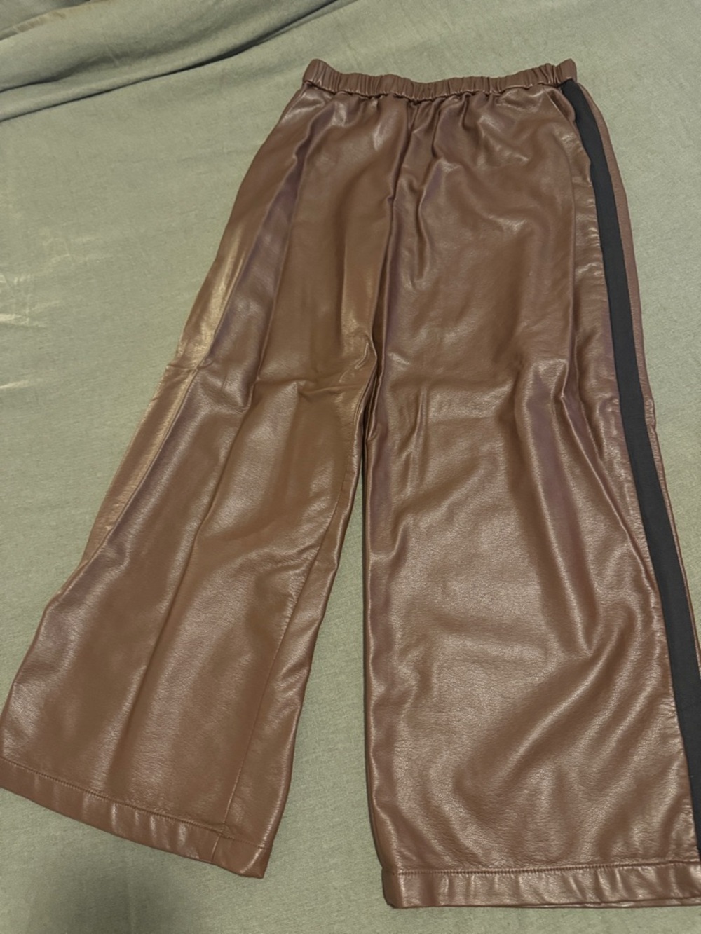 Maeve Faux Leather Wide Leg Pants with Black Side Stripe - Brown